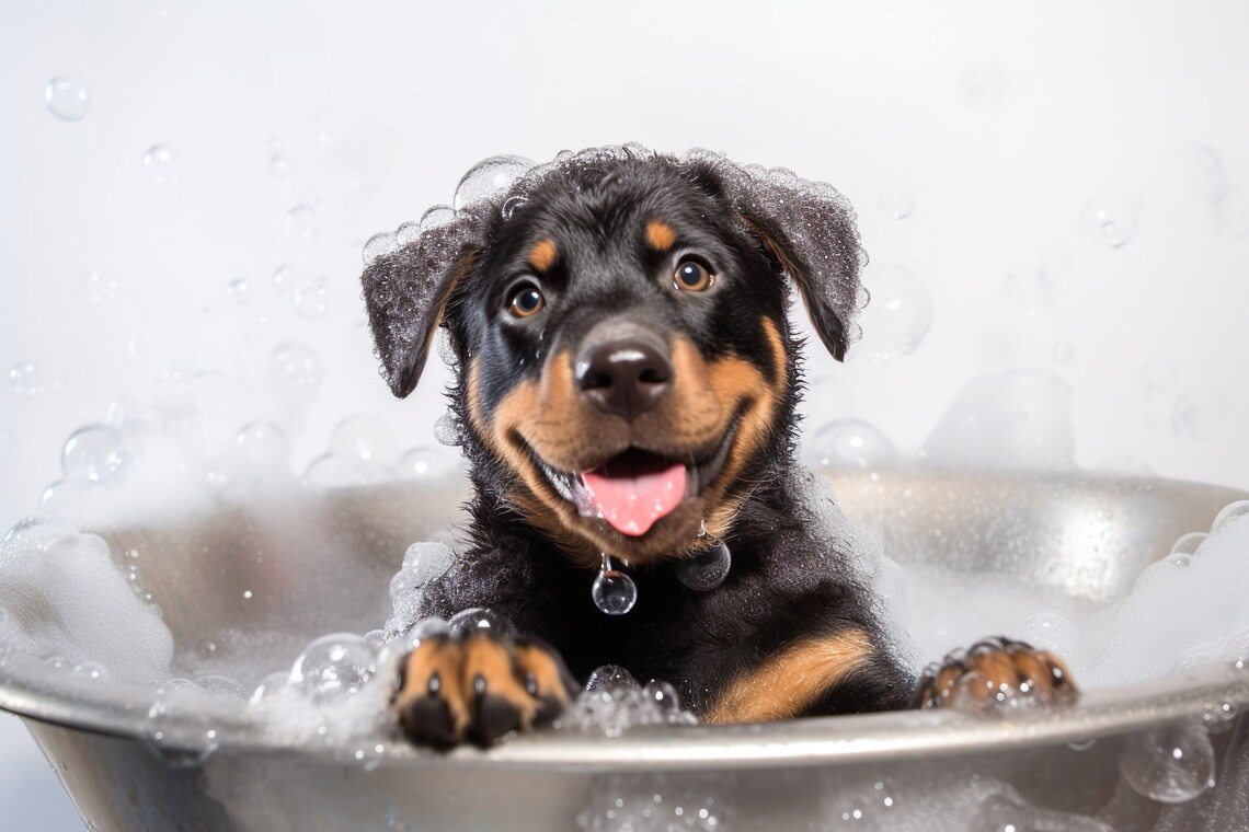Rottweiler Pup In The Bathtub, Funny Bathroom Art