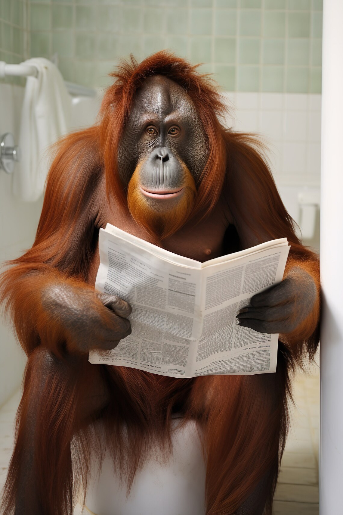 Orangutan Reading Newspaper on Toilet Funny Bathroom Animal Poster
