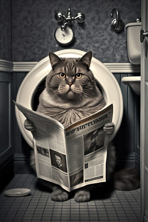 Cat Sitting On The Toilet Reading A Newspaper Funny Bathroom Humor Wall Decor Funny Animal Print Home Ai Prints