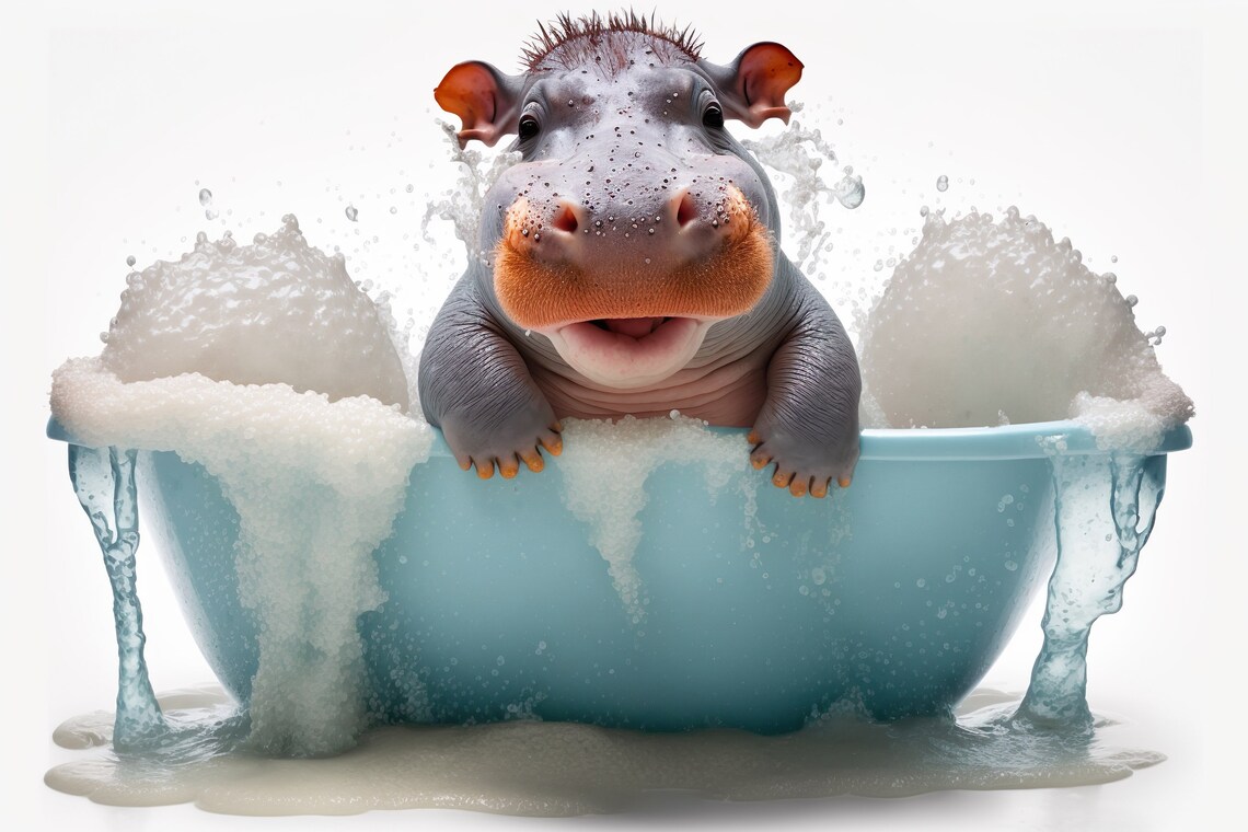Baby Hippo Bubble Bath Funny Cute Splashing Bathroom Animal Poster