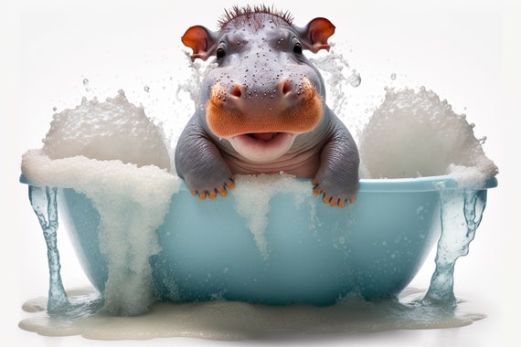 Cute Baby Hippo In The Bathtub Funny Animal Wall Art Bathroom Wall Print Hippo Photograph Home Decor Ai Prints