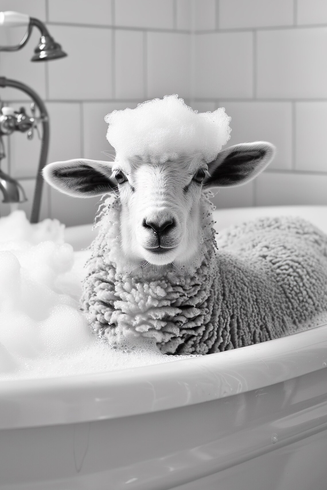 Sheep Bubble Bath Funny Foam Black And White Bathroom Animal Poster