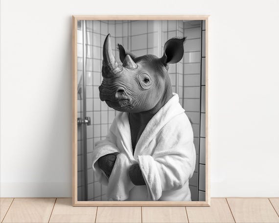 Rhino In A Bathrobe Funny Bathroom Wall Art Funny Retro Vintage Style Animal Photo Cute Rhinoceros Wall Art Print Wall Art