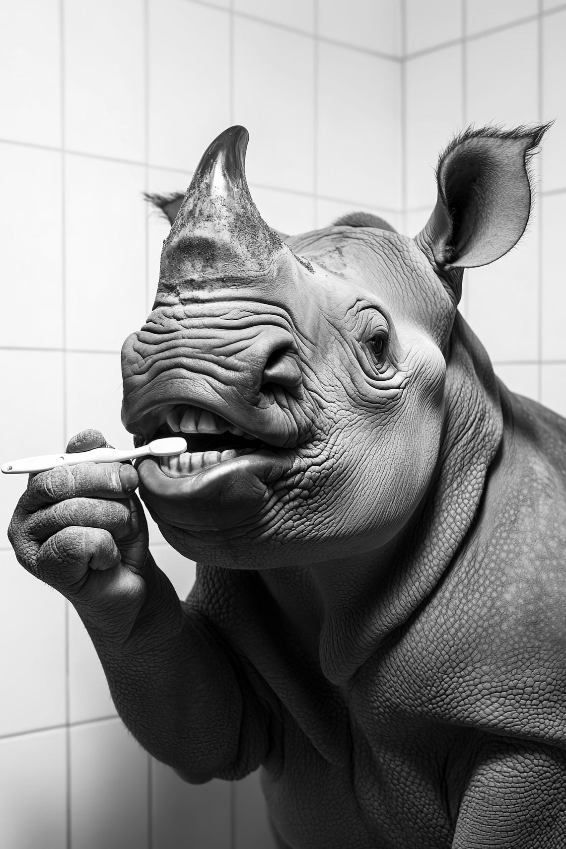 Rhino Brushing Teeth Framed Black And White Bathroom Humor Poster - Image 2