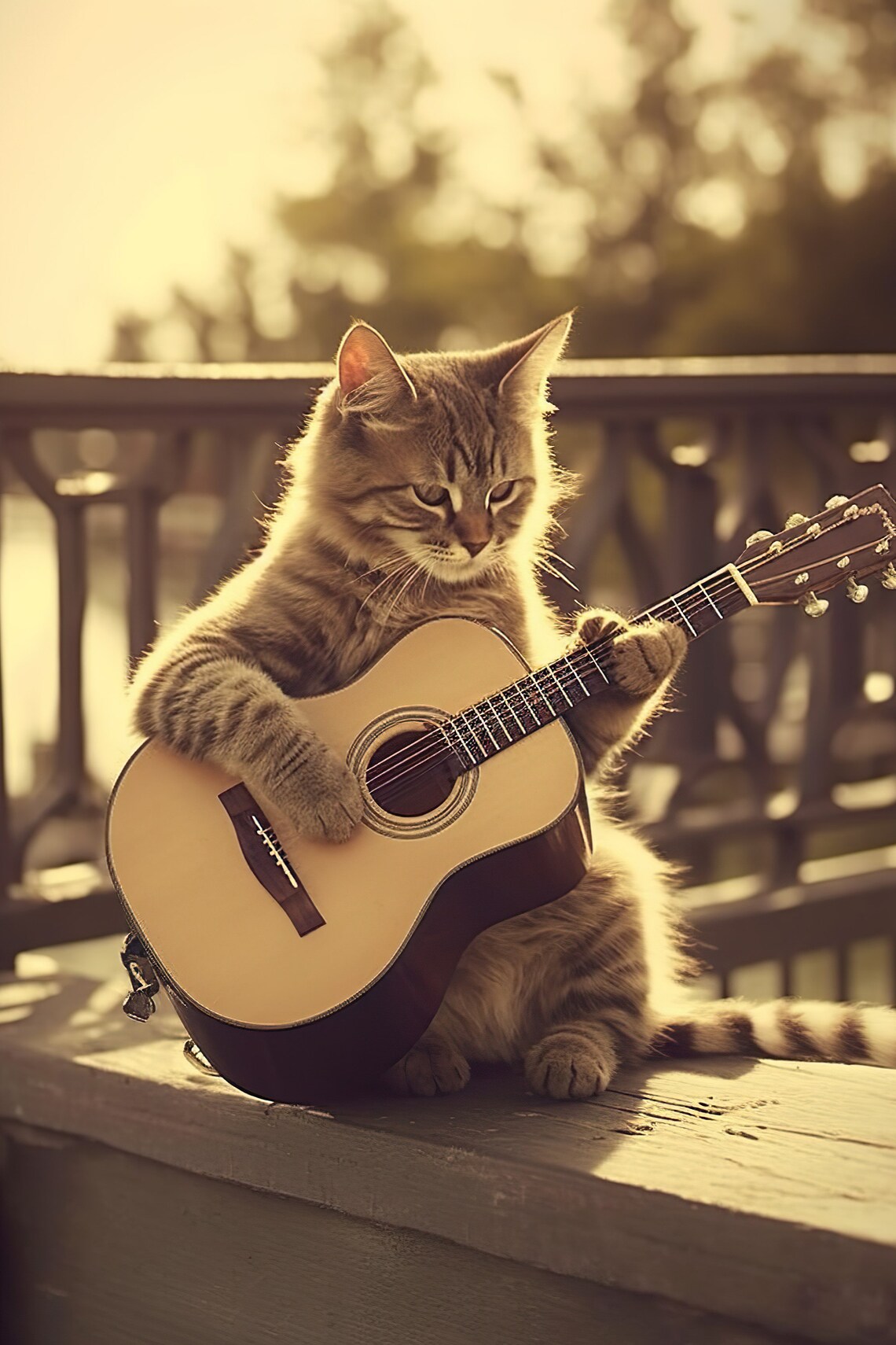 Cat Playing Guitar Funny Vintage Animal Art Print