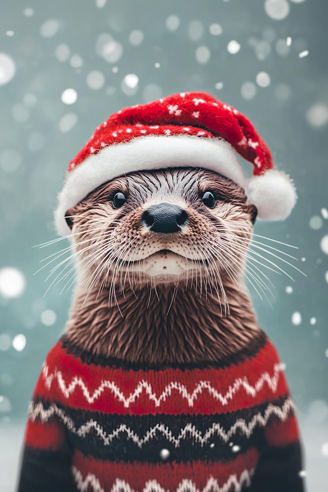 Otter in Santa Hat and Knit Sweater Snowy Christmas Winter Animal Poster - Image 2
