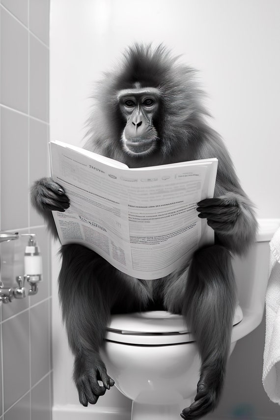 Gibbon Ape Sitting On The Toilet Reading A Newspaper Funny Bathroom Wall Art Funny Monkey Print Funny Animal Photo Ai Art