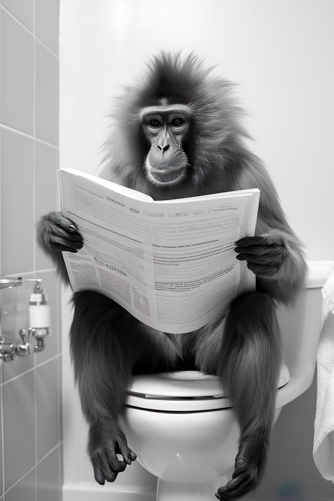 Baboon Reading Newspaper on Toilet Black White Bathroom Poster