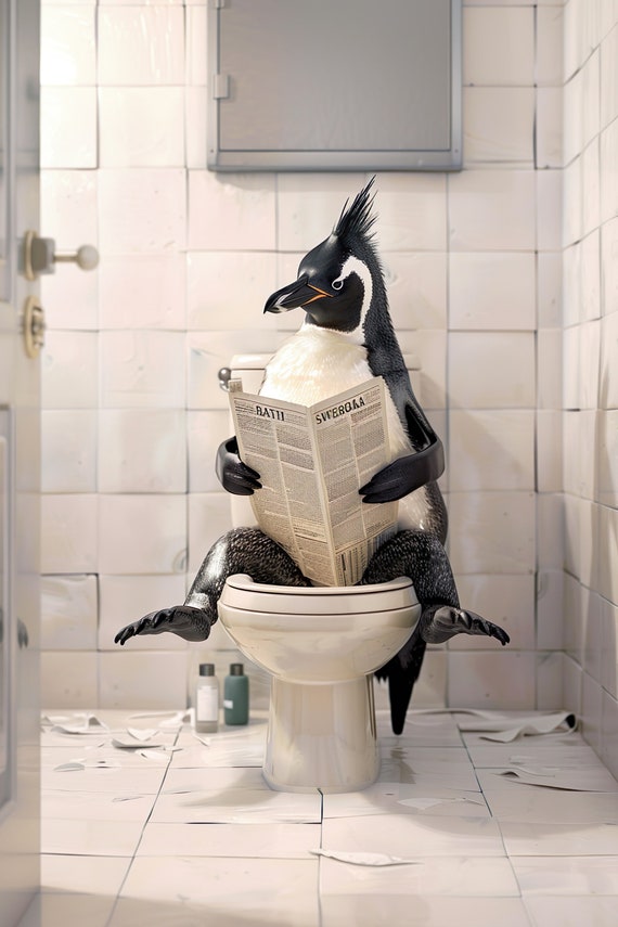 Penguin Sitting On The Toilet Reading A Newspaper Funny Bathroom Humor Wall Decor Funny Animal Print Home Ai Prints
