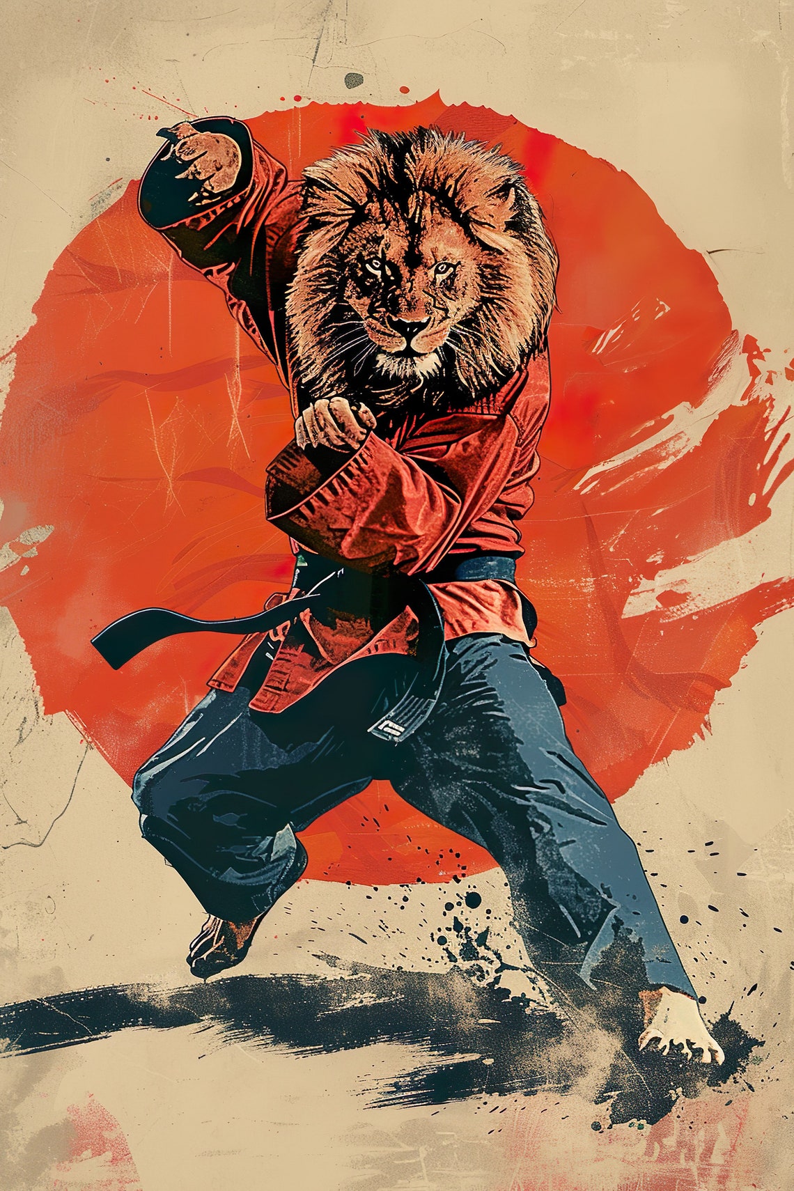Japanese Ninja Lion Karate Punch Red Sun Martial Arts Poster