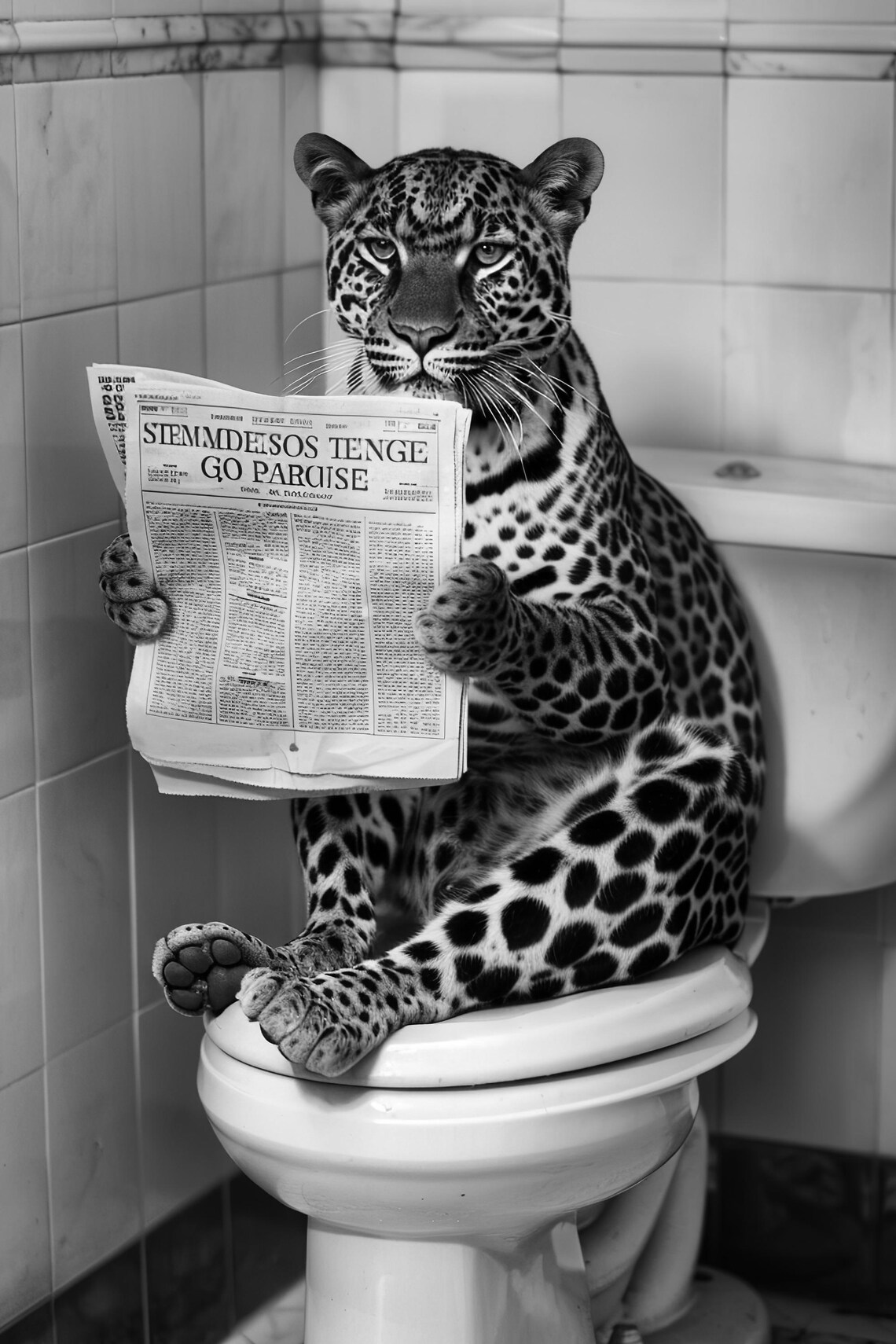 Leopard Sitting On The Toilet Reading Newspaper, Vintage