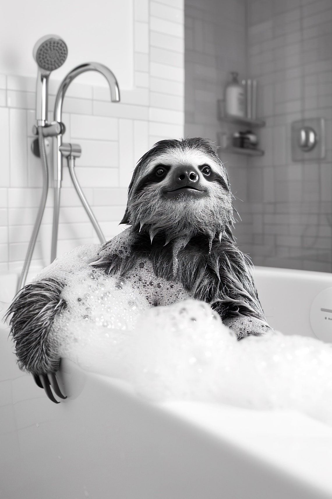Sloth Bubble Bath Funny Foam Black And White Bathroom Animal Poster
