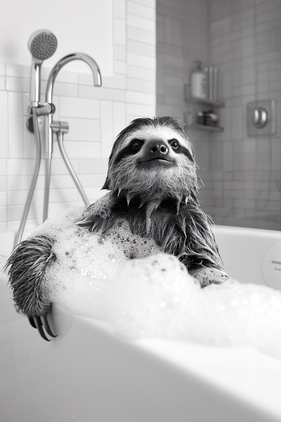 Sloth In The Bathtub Funny Animal Photograph Sloth Taking A Bubble Bath Ai Animal Print Funny Bathroom Wall Art Home