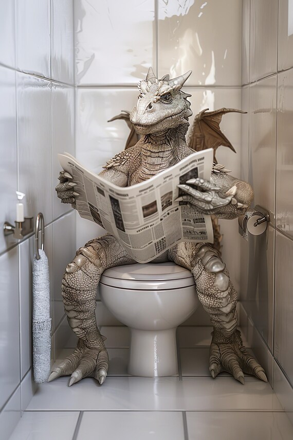 Dragon Sitting On The Toilet Reading A Newspaper Funny Bathroom Wall Art Funny Mythical Creature Print Home Decor Ai Art