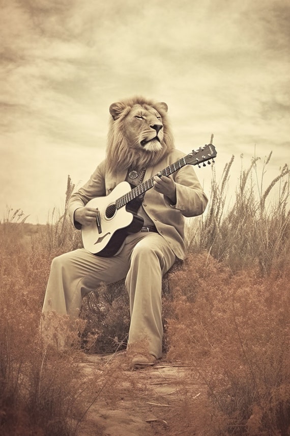 Lion Playing Guitar Funny Vintage Animal Print Lion Photograph Retro Lion Humor Vintage Wall Art Home Decor Ai Art