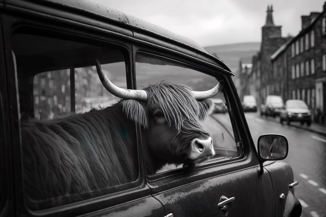 Highland Cow in New York City, Vintage Travel Poster