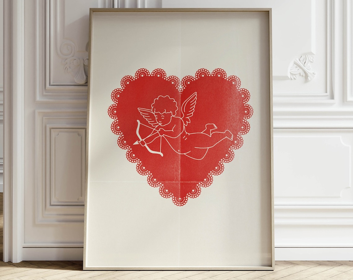 Cupid and Heart Retro Art Print, Coquette Decor