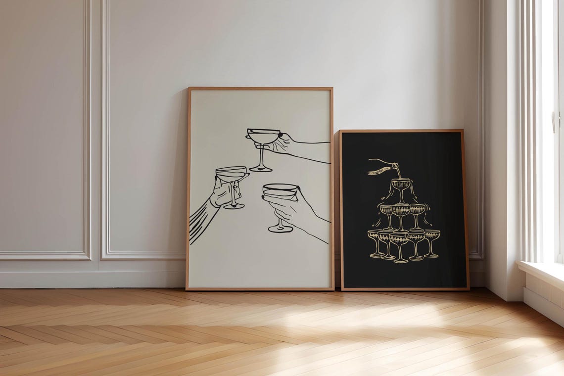 Toast Cheers Cocktail Coupe Glasses Minimal Line Art Bar Poster - Image 3