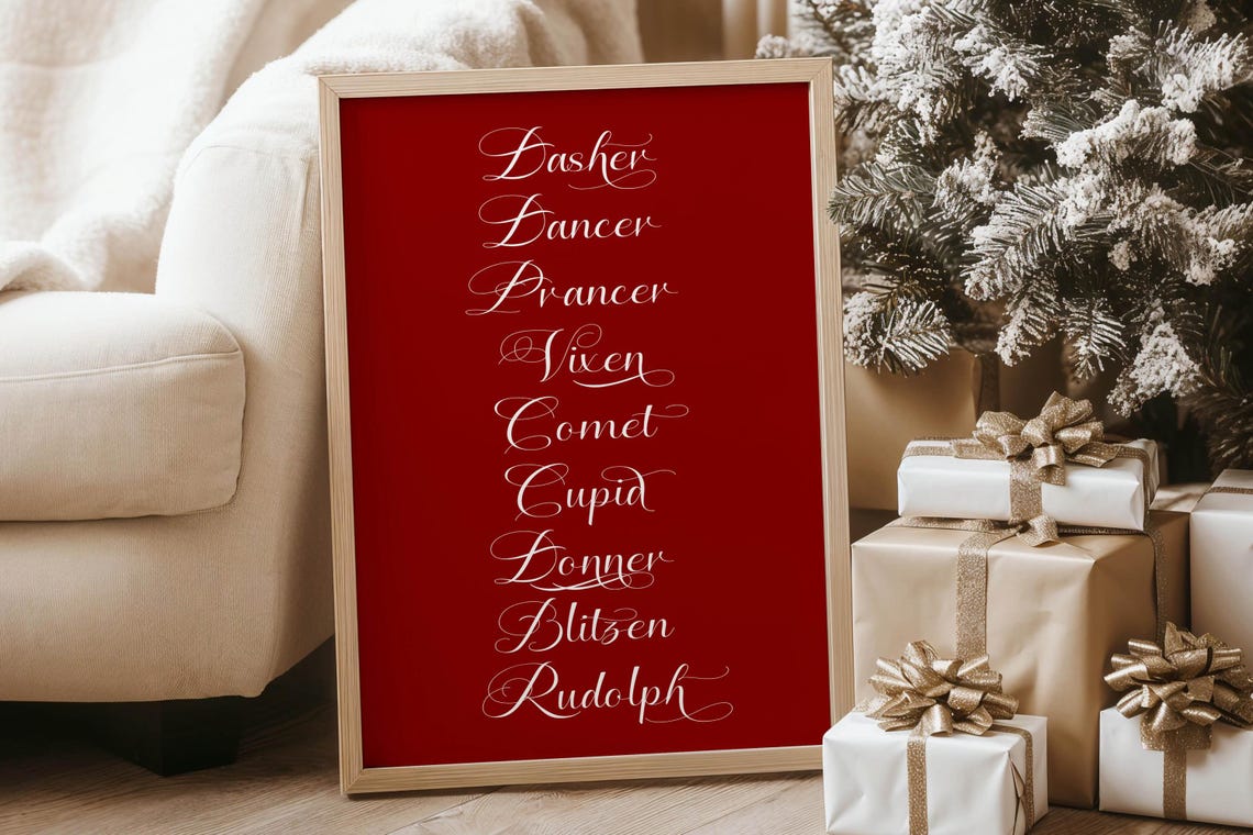 Classic Santa Reindeer Names Red Christmas Typography Script Poster - Image 6
