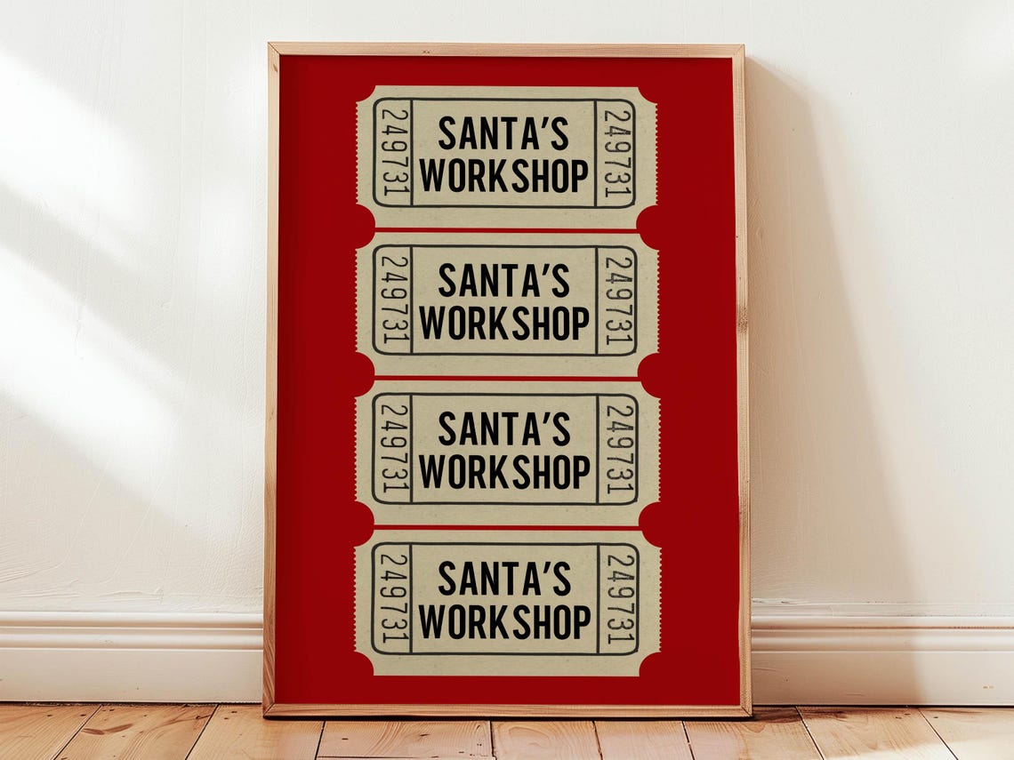 Santas Workshop Vintage Ticket Stub Art Red Christmas Poster - Image 5