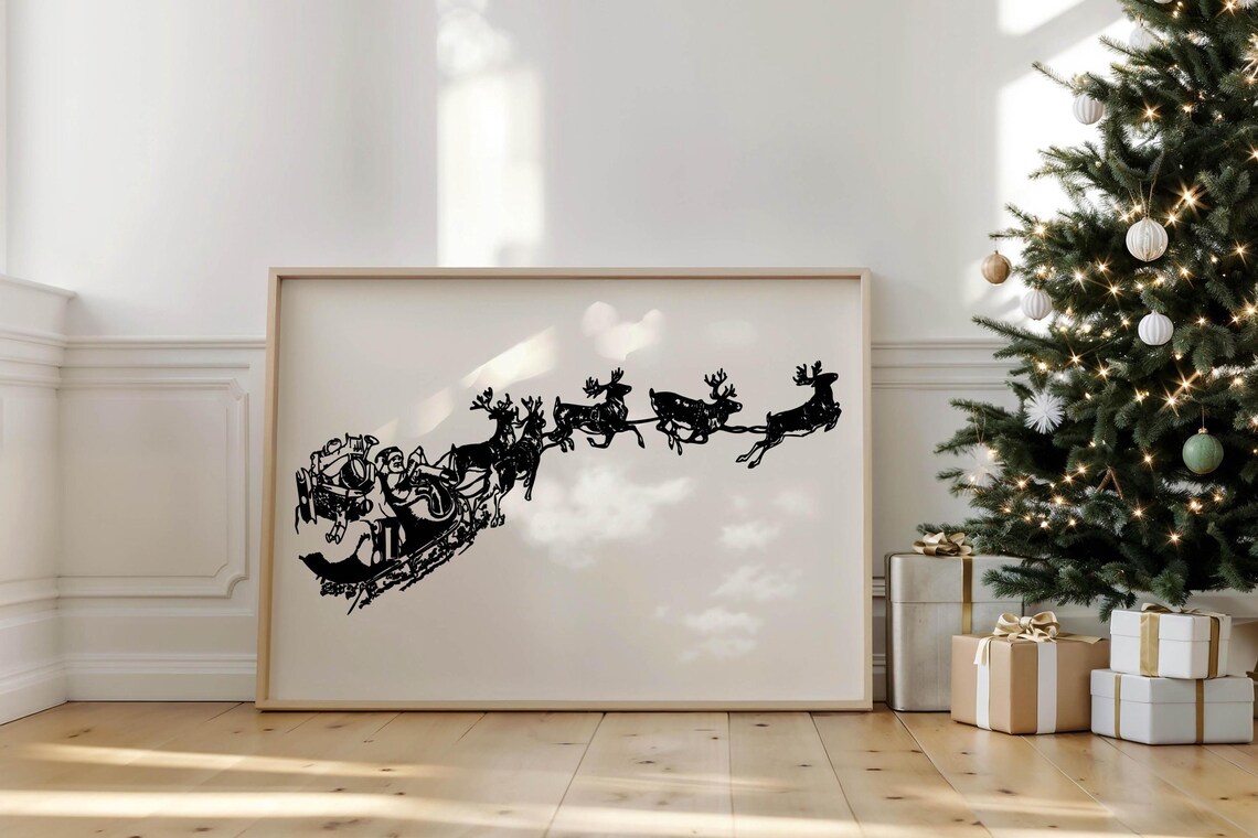 Santa Sleigh Reindeer Silhouette Vintage Engraving Art Poster - Image 5