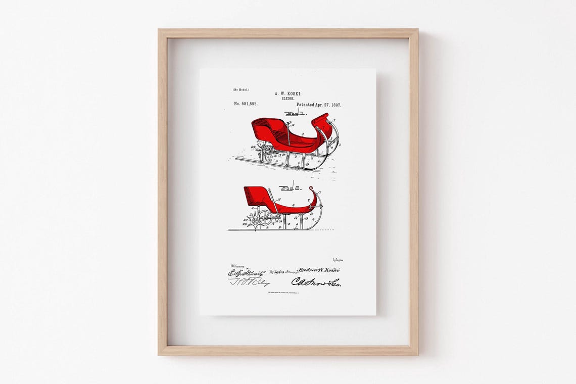 1897 Sleigh Patent Drawing Koski Red Sled Vintage Christmas Poster - Image 3