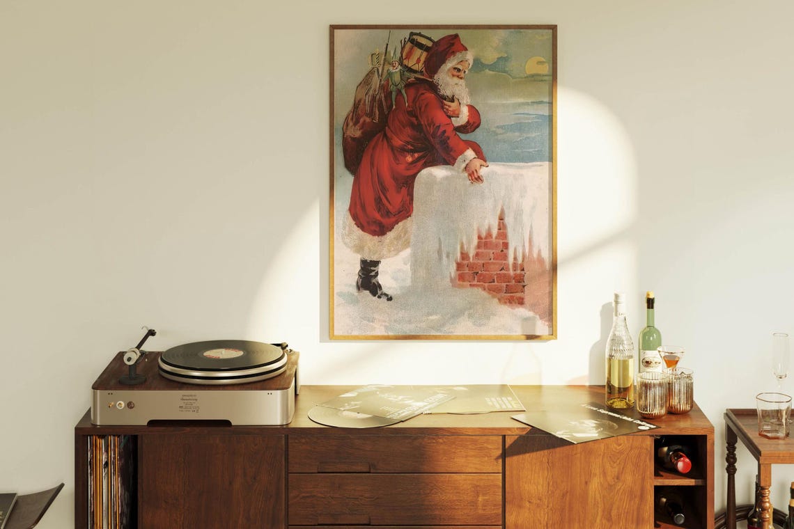 Vintage Santa Climbing Snowy Chimney Victorian Christmas Poster - Image 2