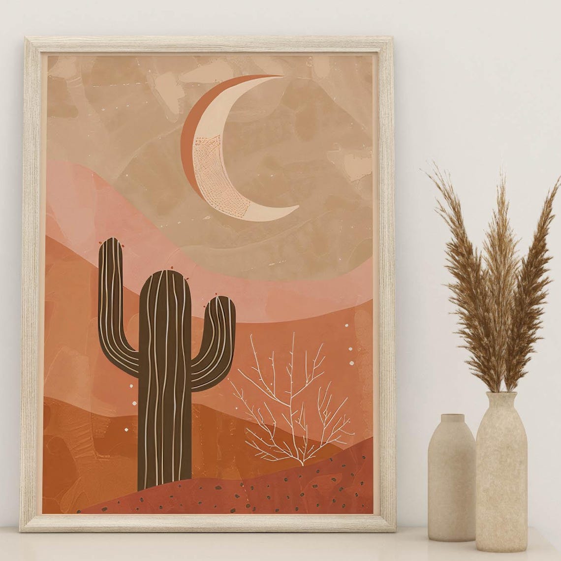 Saguaro Cactus Under a Crescent Moon in Terracotta Desert Poster