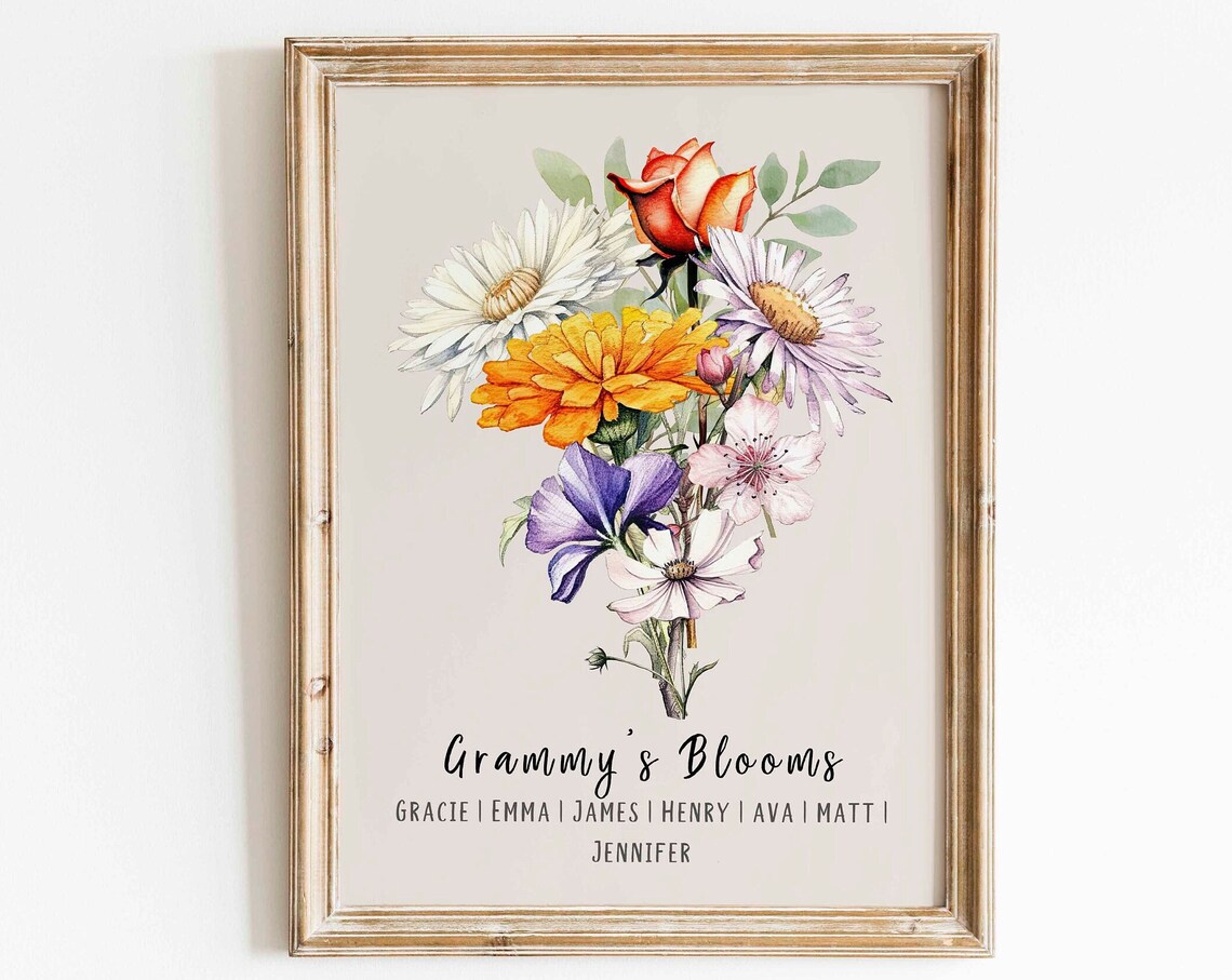 Custom Birth Flower Family Bouquet Print, Watercolor