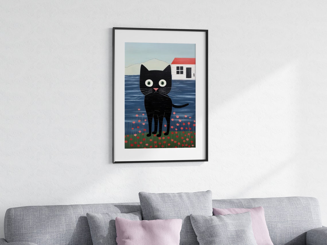 Whimsical Black Cat with Pink Nose Charming Naive Art Poster - Image 5