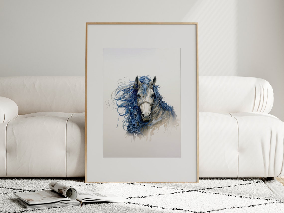 White Horse with Wild Flowing Blue Mane Dreamy Watercolor Poster - Image 4