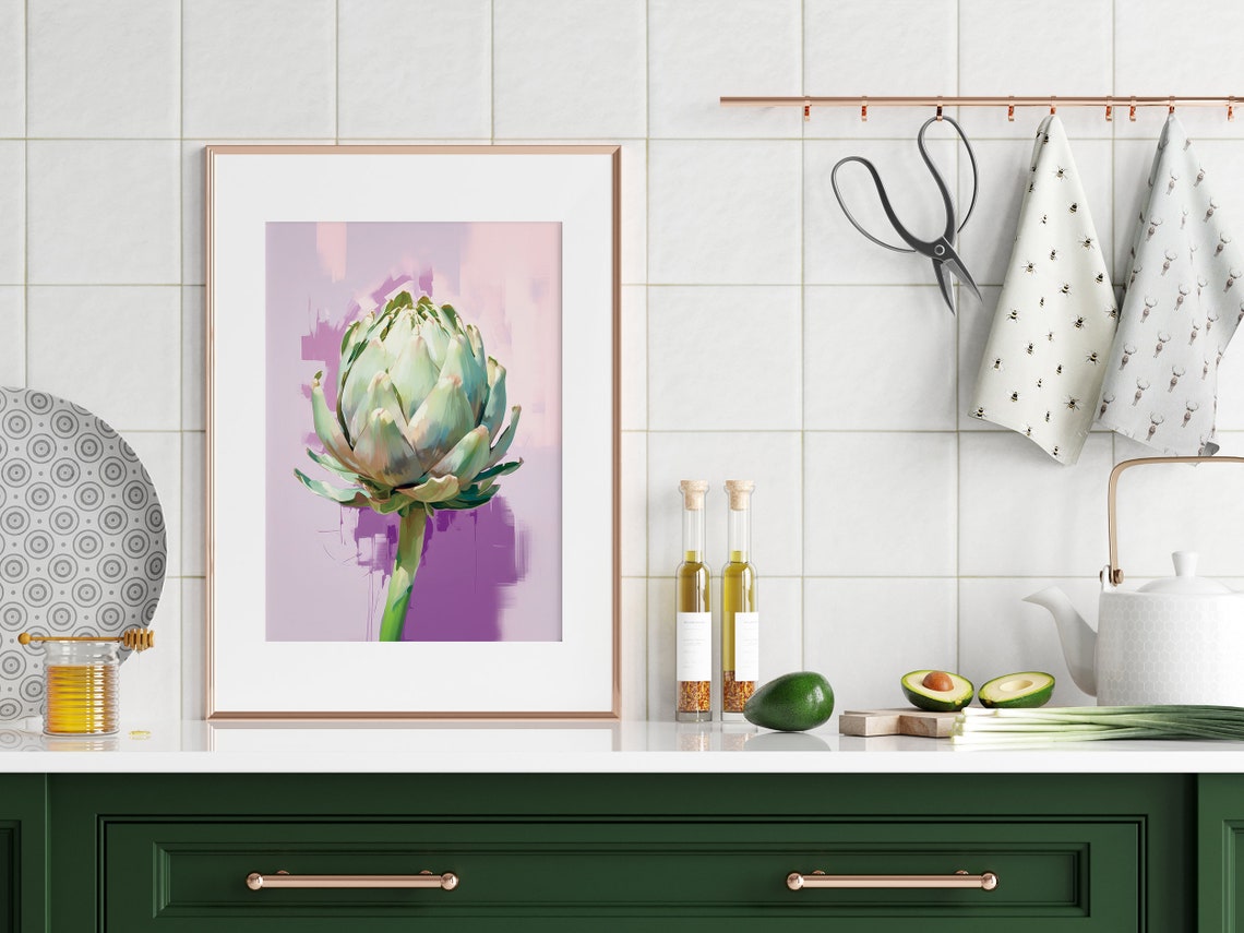Fresh Green Artichoke Painterly Still Life on Lavender Kitchen Poster - Image 5