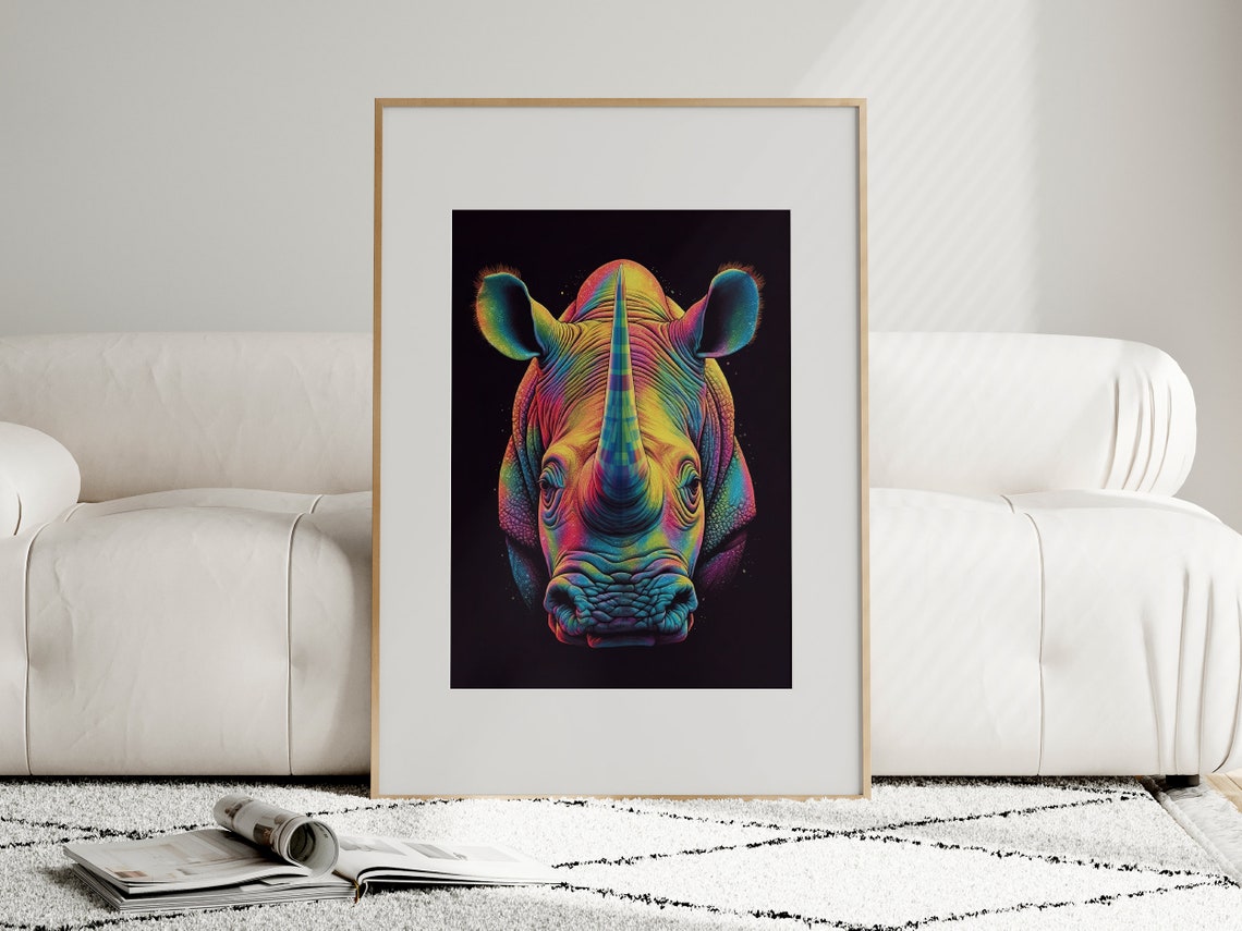 Neon Rainbow Rhino Head Portrait on Black Background Art Poster - Image 5
