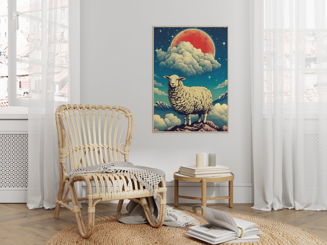 Sheep Under Giant Red Moon in Starry Mountain Night Sky Poster - Image 2