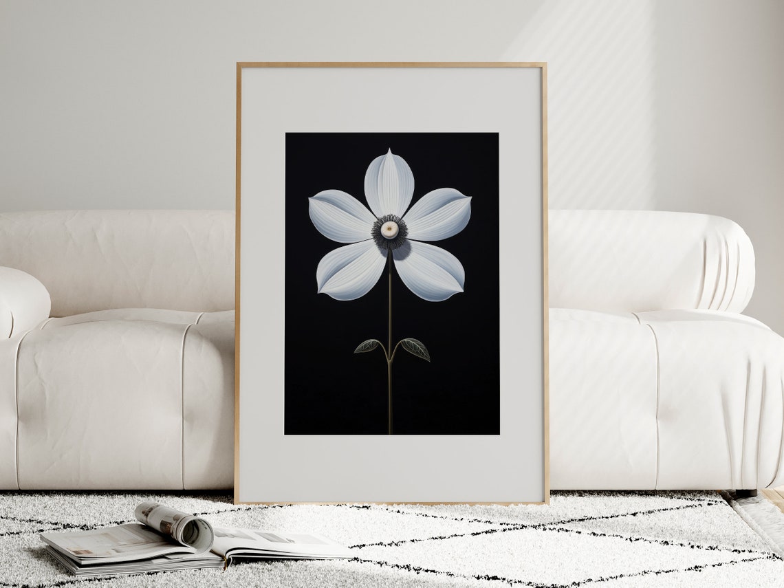 Elegant Single White Flower with Slender Stem on Black Poster - Image 3