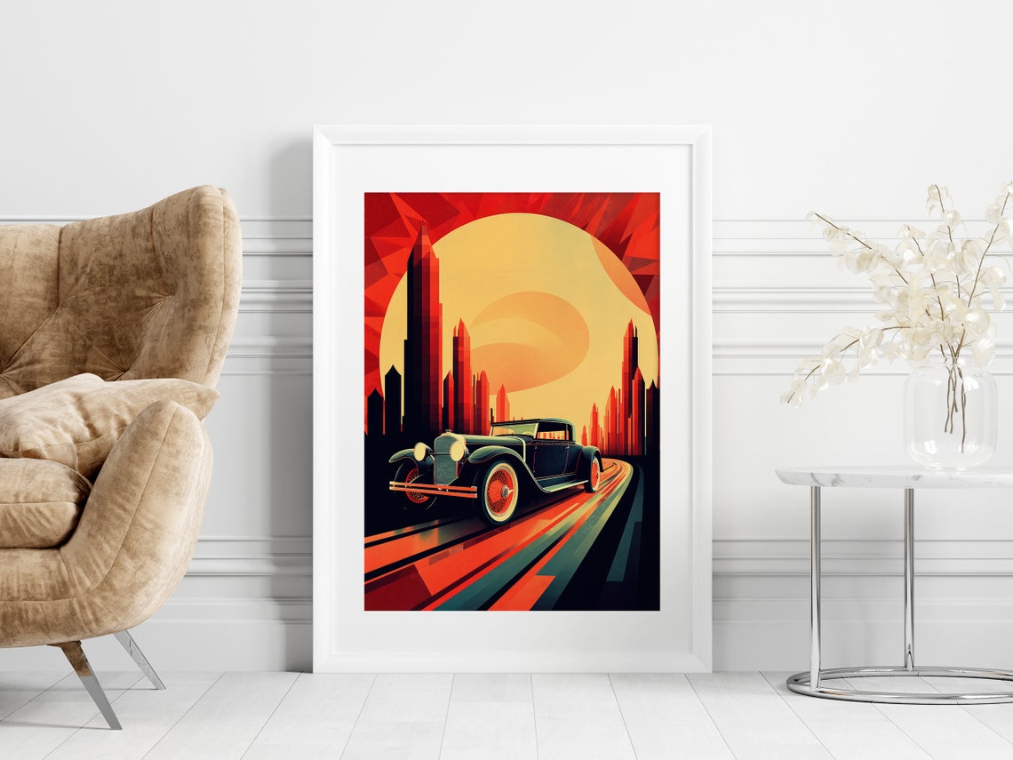 Art Deco Vintage Roadster Speeding Through Sunset City Poster - Image 2