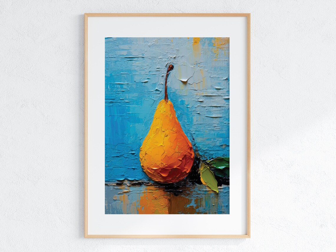 Golden Ripe Pear Against Textured Cobalt Blue Impasto Art Poster