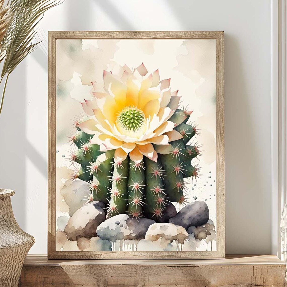 Domino Cactus Yellow Flowers Watercolor Art Print