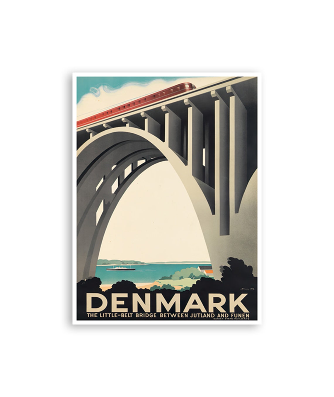 Denmark Little Belt Bridge Vintage Danish State Railways Travel Poster