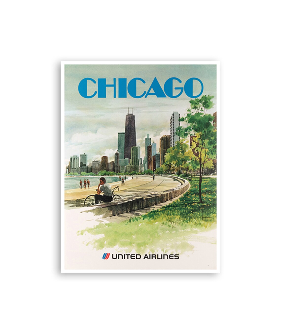Chicago Vintage United Airlines Lakefront Skyline Travel Poster