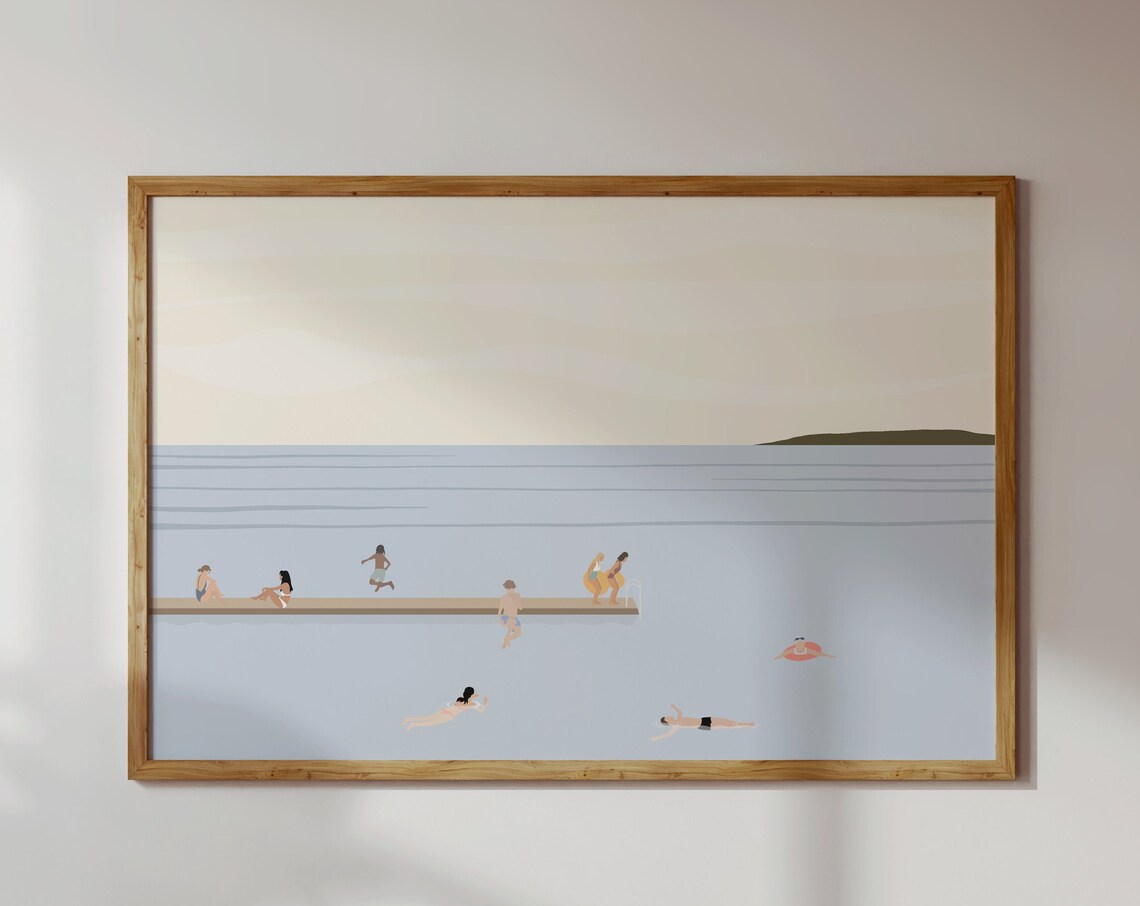 Tiny People Swimming In Lake, Minimalist Art Print
