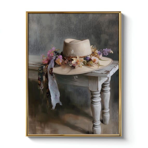 Shabby Chic Cowgirl Hat With Floral Crown, Art Print