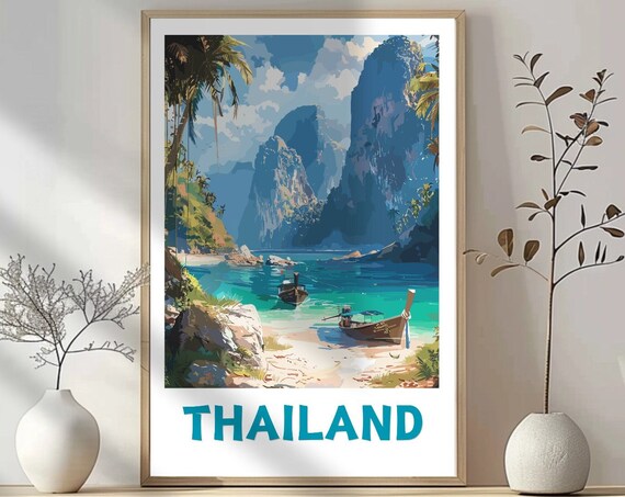 Thailand Crystal Bay Longtail Boats Tropical Coastal Travel Poster