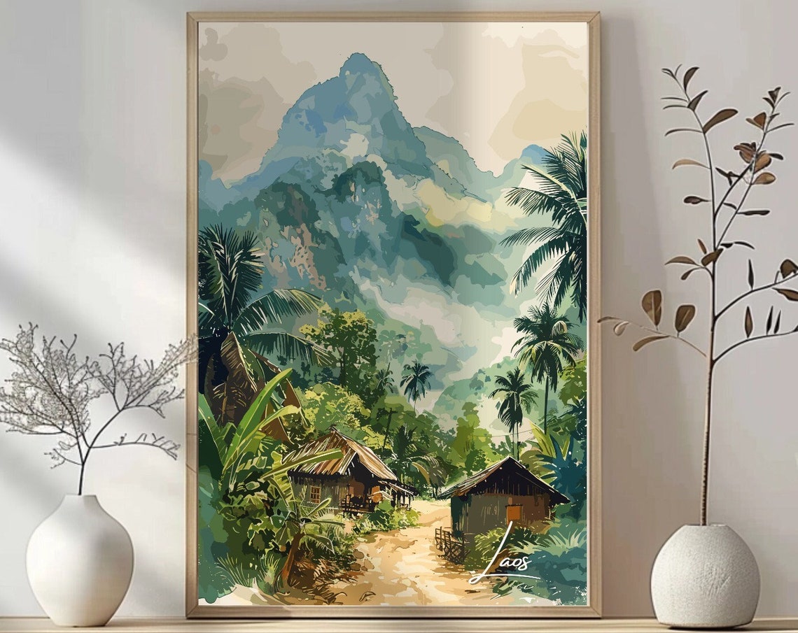 Tranquil Laos Misty Mountain Village Jungle Travel Art Poster