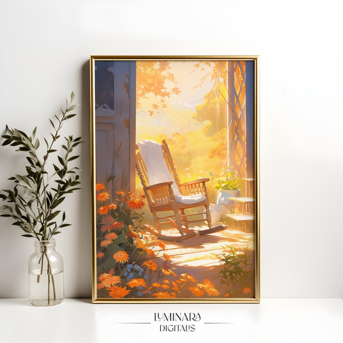 Empty Rocking Chair On A Flower Filled Sunlit Porch Art Print - Image 4