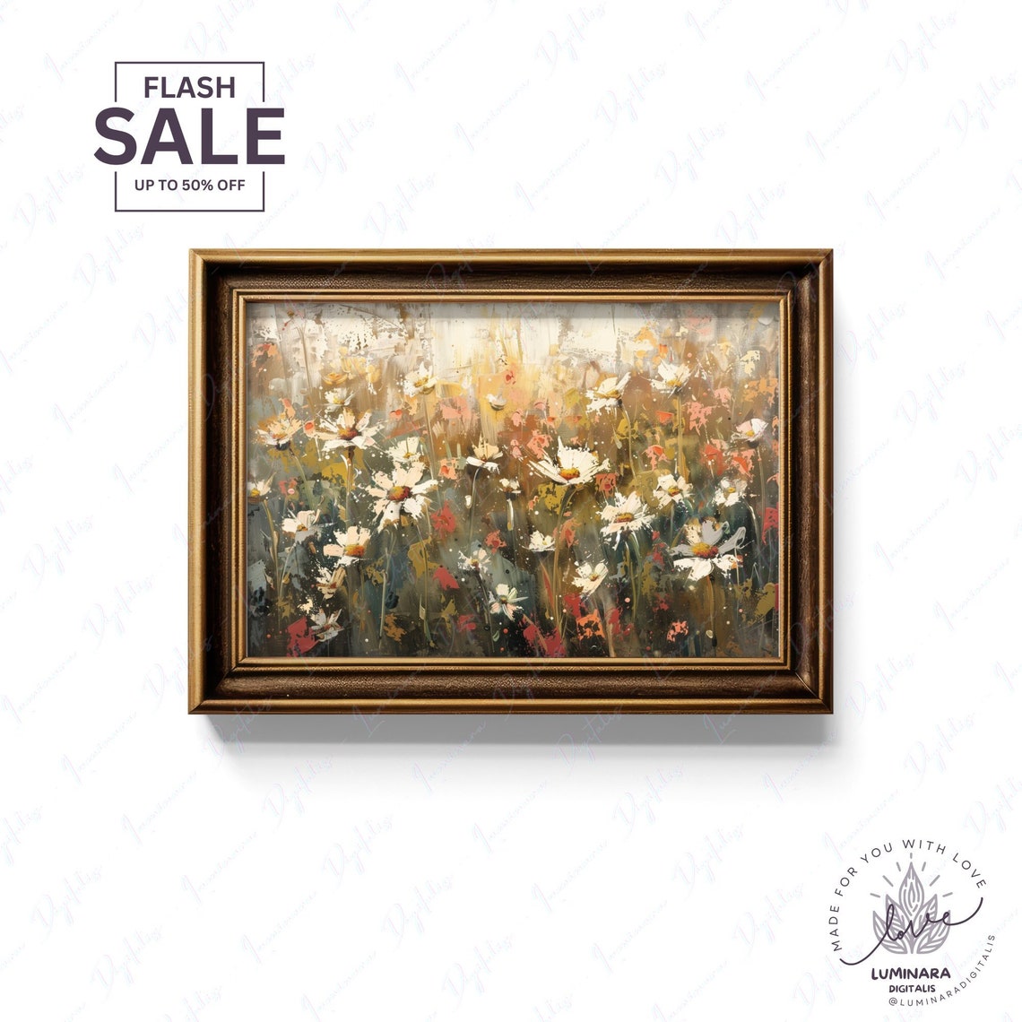 Wild Daisy Meadow Glowing In Warm Golden Light Impressionist Print - Image 2