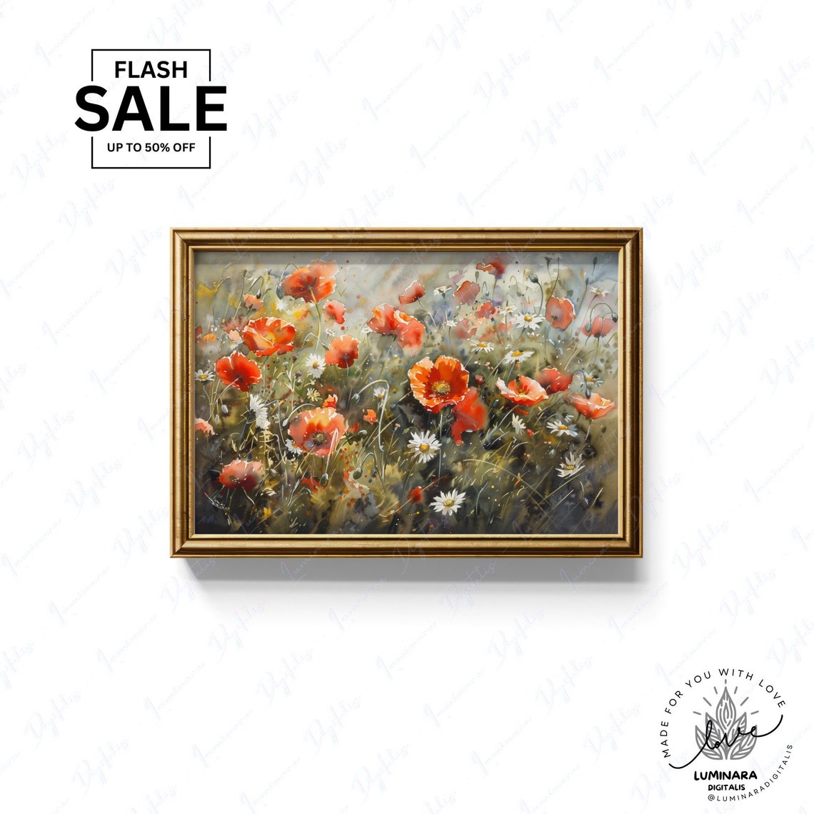 Close-Up Watercolor Poppies And Daisies Spring Floral Field Poster - Image 3