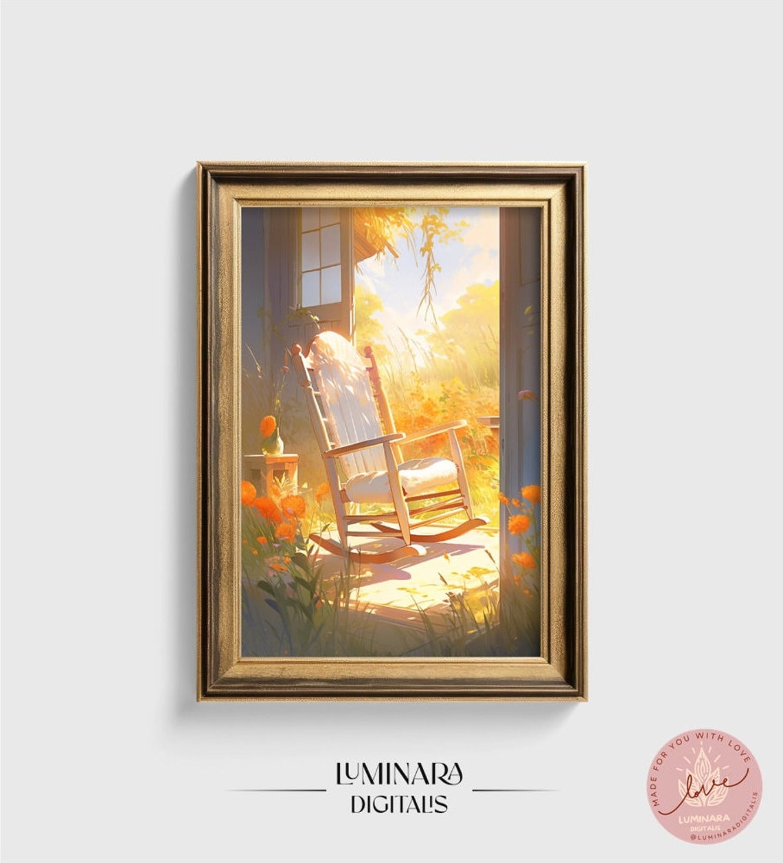 Sunlit Porch Rocking Chair Autumn Flowers Cozy Watercolor Poster