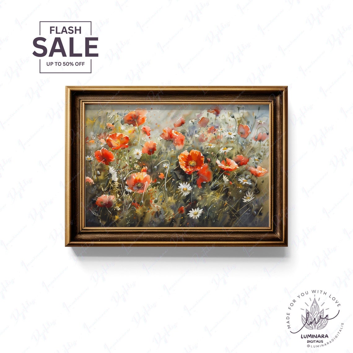 Close-Up Watercolor Poppies And Daisies Spring Floral Field Poster - Image 2