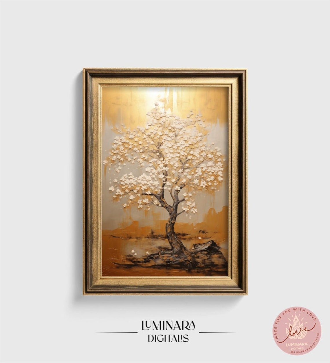 White Blossom Tree On A Golden Textured Background Art Print